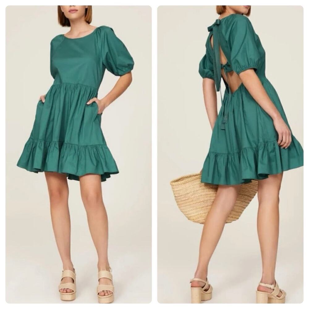 Peter Som Puff Sleeve Tiered Mini Dress Open Back Teal Green Size 4